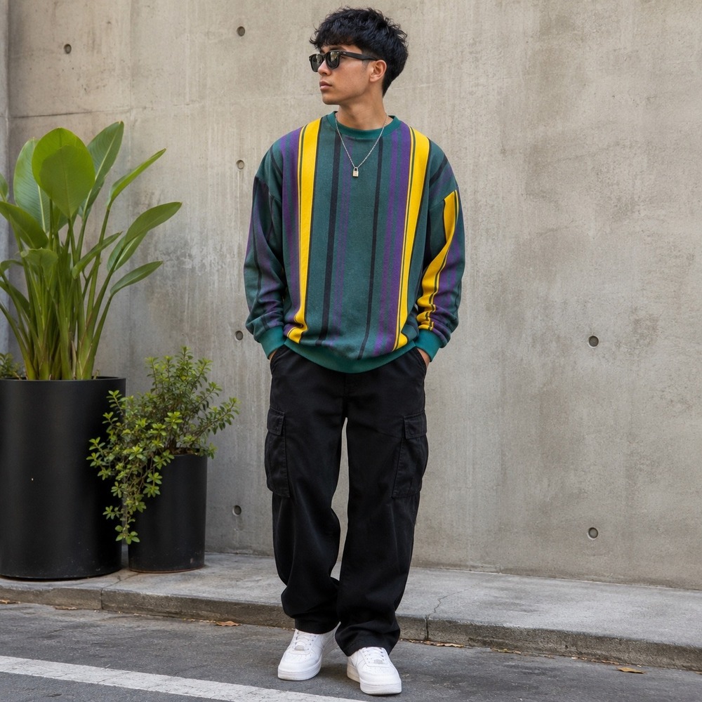 Cotton On Loose Fit Sweatshirt Mens Medium Green Purple Yellow Striped Crewneck